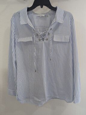 Calvin Klein Blue White Striped Lace-Up V-Neck Long Sleeve Blouse Extra Large